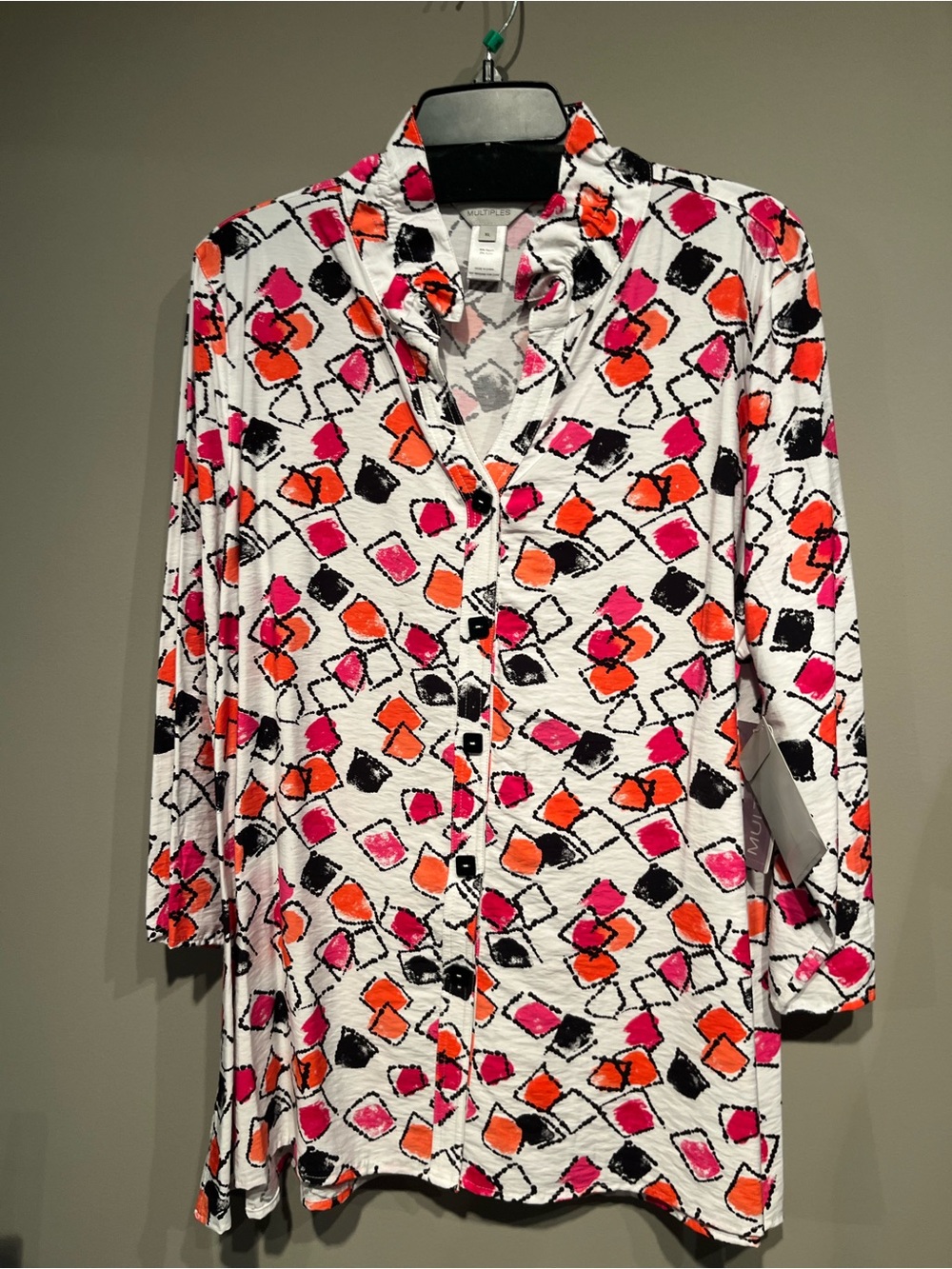 Multiples Long-Sleeve Pajama Top in White with Pink & Orange Print